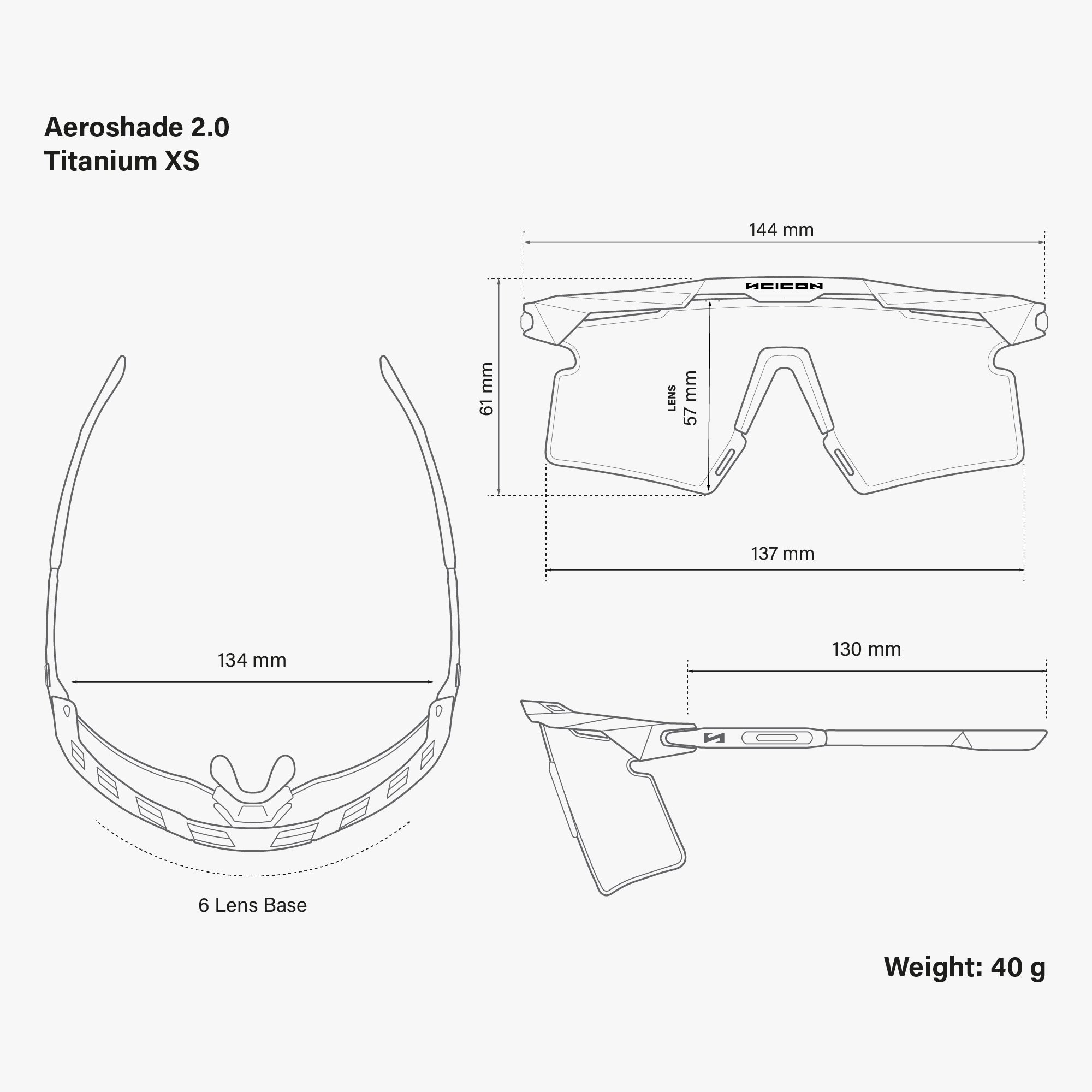 Aeroshade 2.0 Titanium XS White Matte Multimirror Blue Green dimensions
